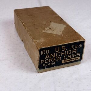 Vtg US Anchor Clay Poker Chips 100 Count Assorted Colors 1.5 Inch Plain w/ Box